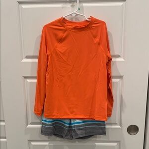 Wonder Nation Kids Orange Long sleeve rash guard and Blue Striped Shorts
